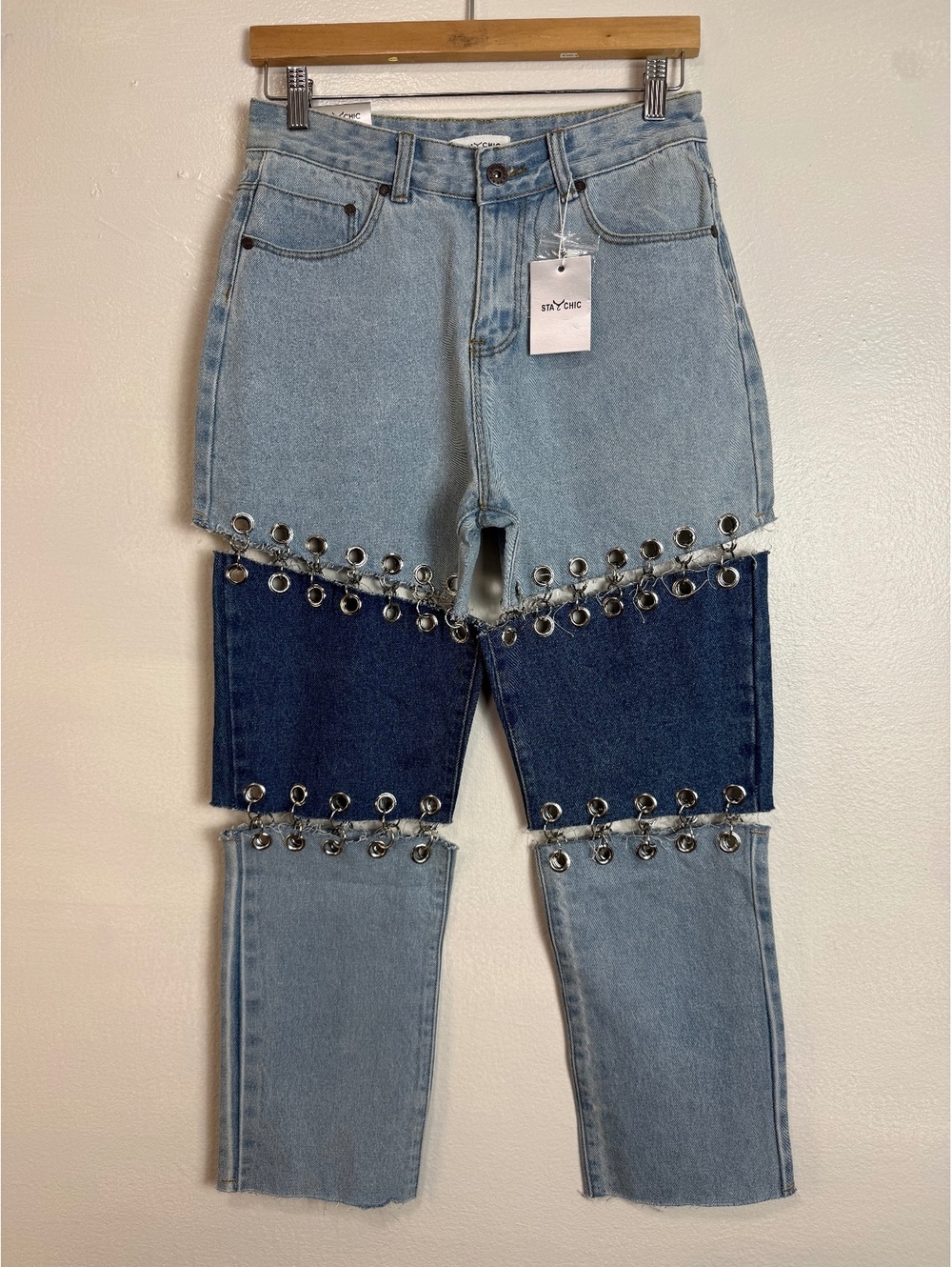 Stay Chic Y2K Two Tone Grommet Cutout Jeans S Colorblock Denim